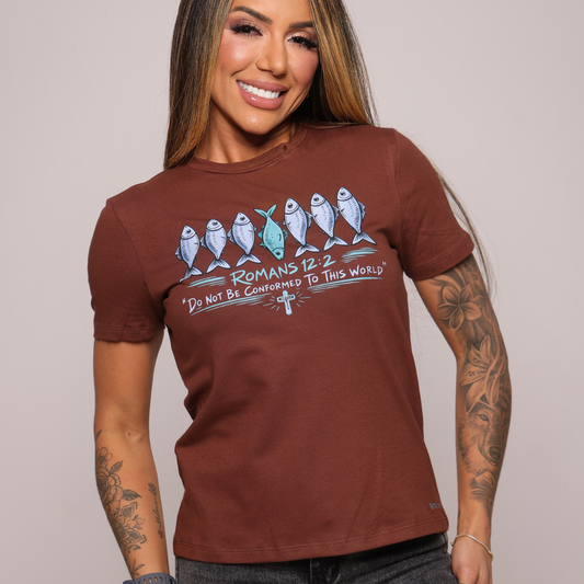 Camiseta babylook "Romanos 12:2" - marrom