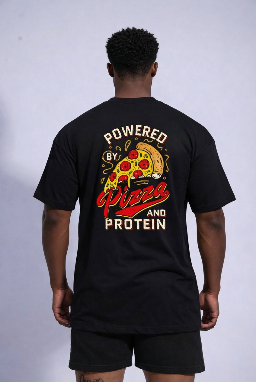 Camiseta oversized "Pizza and Protein" - preta