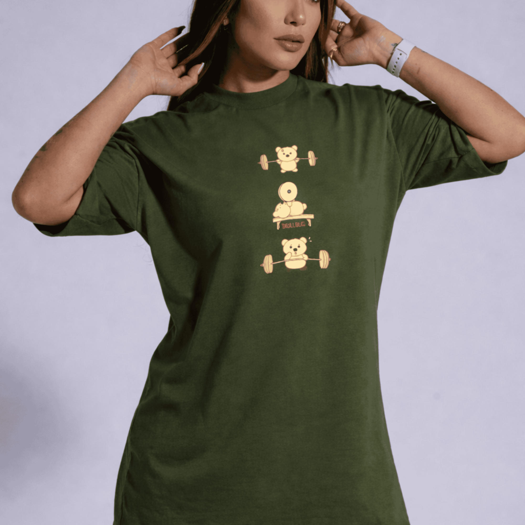 Camiseta oversized "Fitness bear" - verde