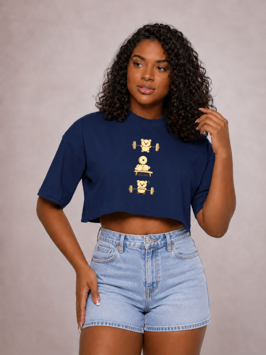 Cropped oversized "Fitness bear" - azul marinho