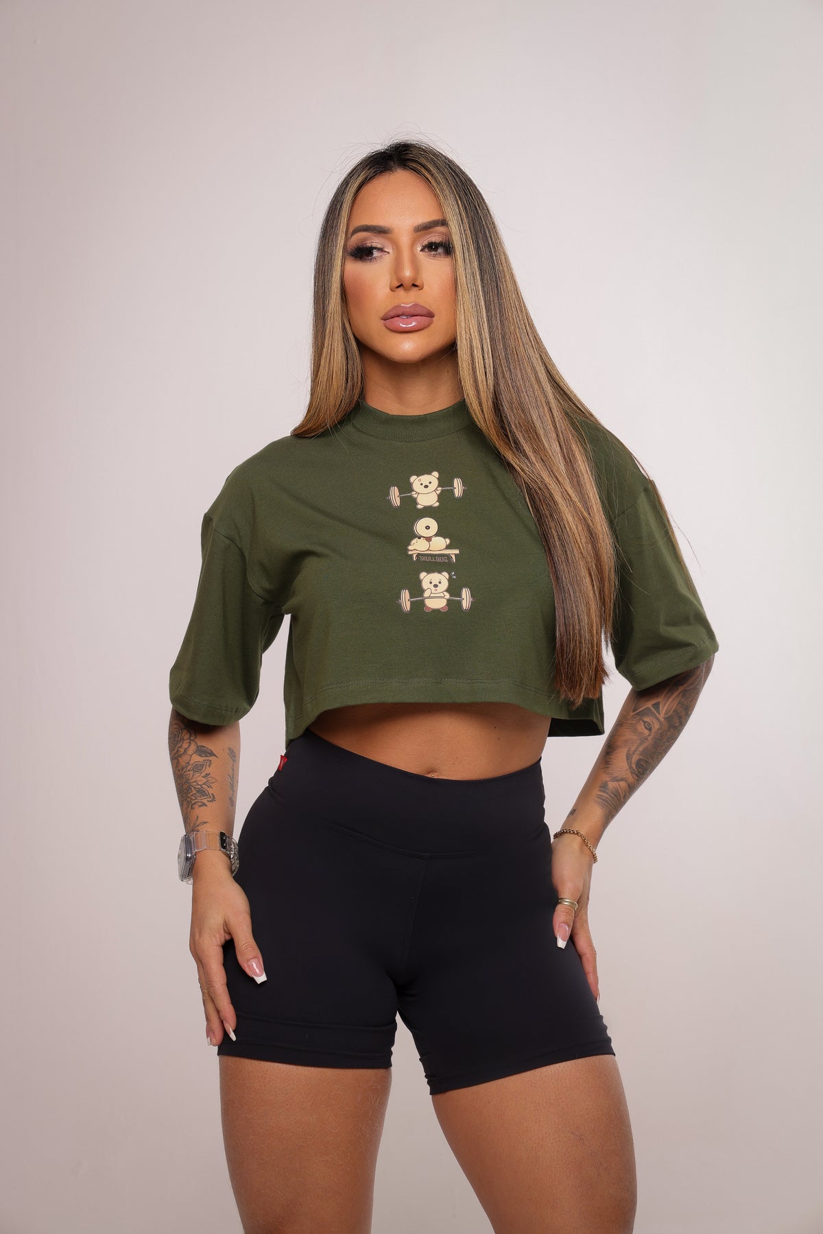 Cropped oversized "Fitness bear" - verde